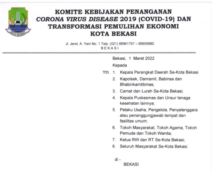 Pemkot Bekasi Keluarkan Surat Edaran PPKM Level-3 Mulai 1 s/d 7 Maret 2022