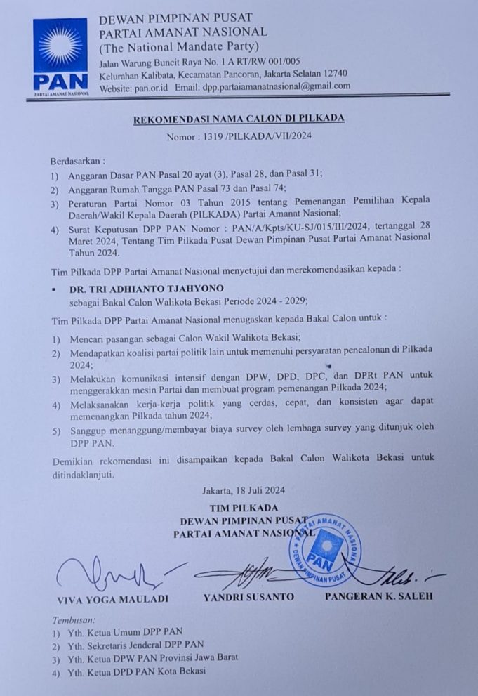 PAN AHIRNYA MEMBERIKAN REKOMENDASI KEPADA TRI ADHIANTO MAJU SEBAGAI CALON WALI KOTA BEKASI 2024 – 2029
