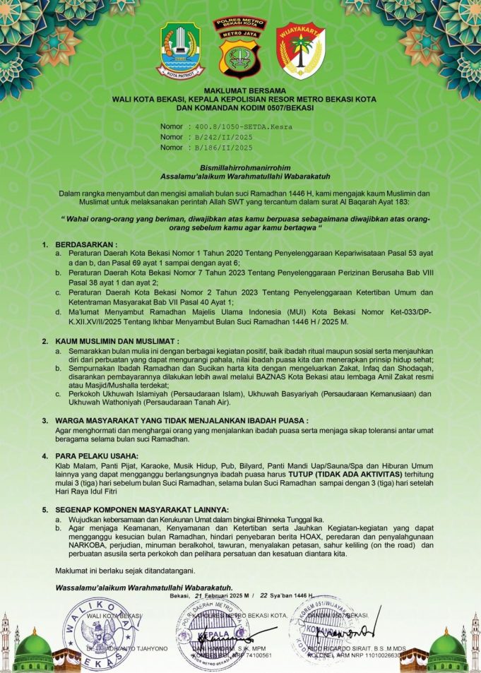 Menjelang Bulan Suci Ramadhan 1446 H.Pemkot Bekasi Mengeluarkan Maklumat Bersama